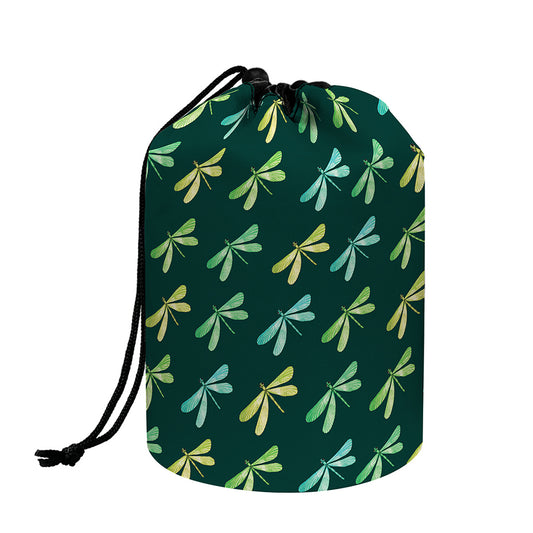 Green Dragonfly Pattern Print Drawstring Makeup Bag