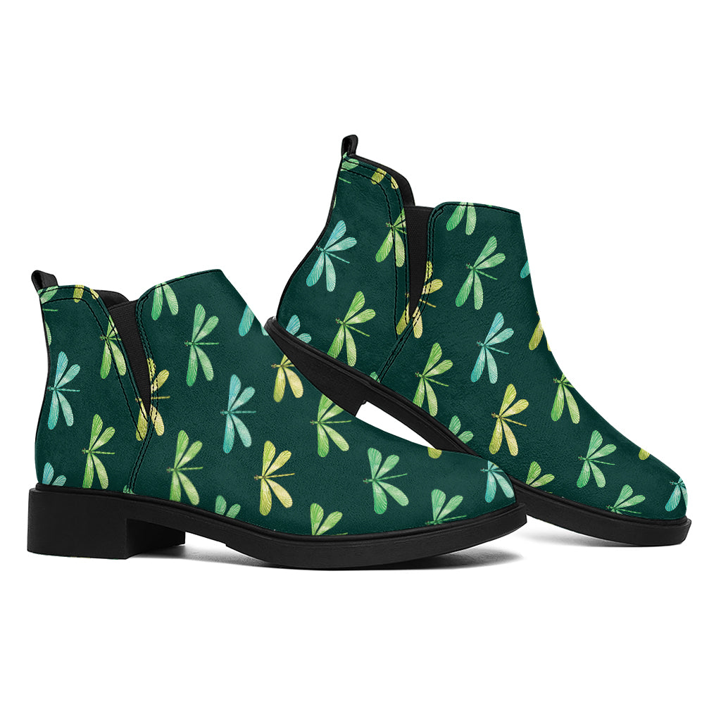 Green Dragonfly Pattern Print Flat Ankle Boots