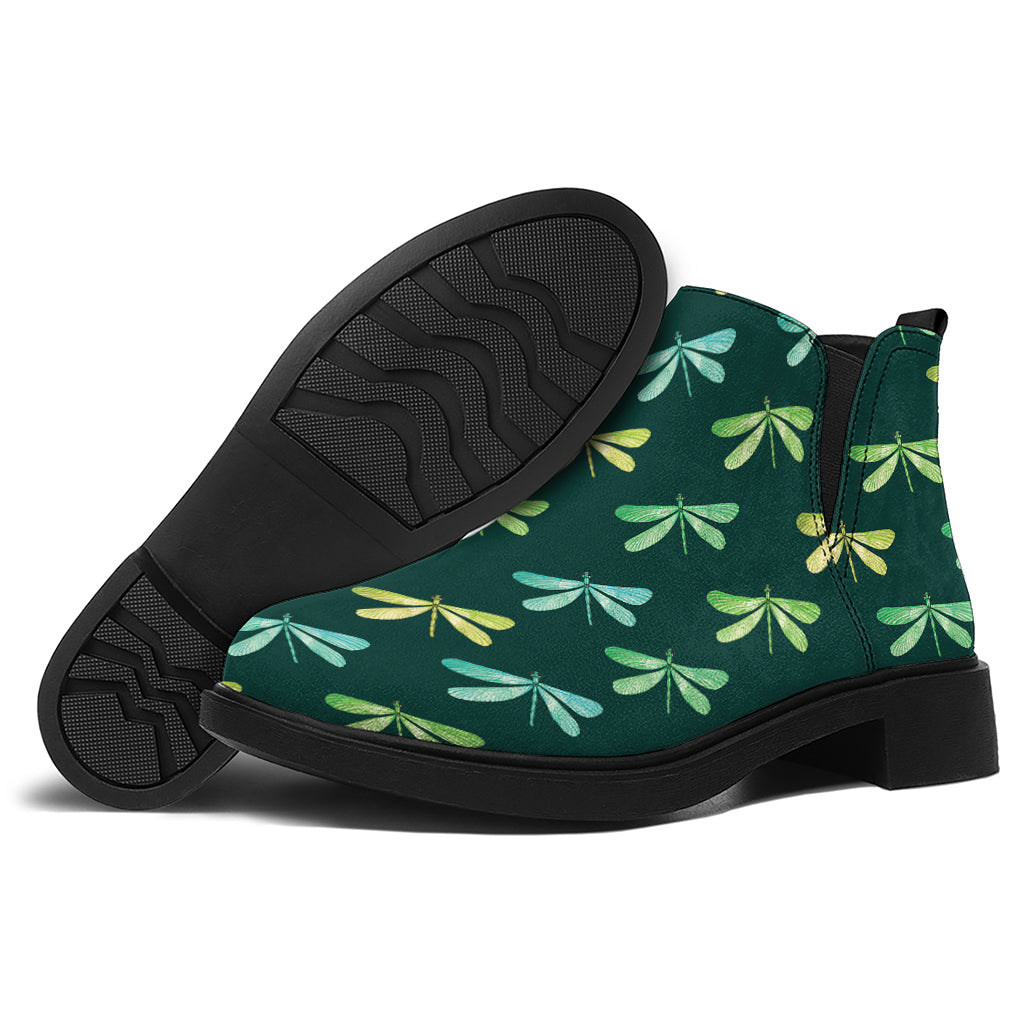 Green Dragonfly Pattern Print Flat Ankle Boots
