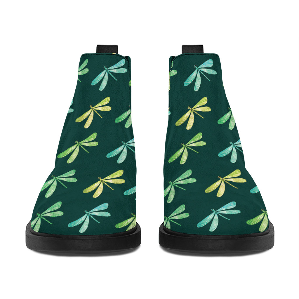 Green Dragonfly Pattern Print Flat Ankle Boots