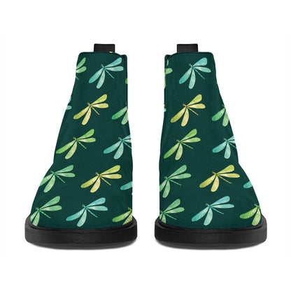 Green Dragonfly Pattern Print Flat Ankle Boots