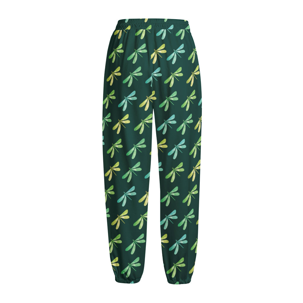Green Dragonfly Pattern Print Fleece Lined Knit Pants