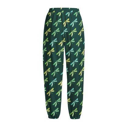 Green Dragonfly Pattern Print Fleece Lined Knit Pants