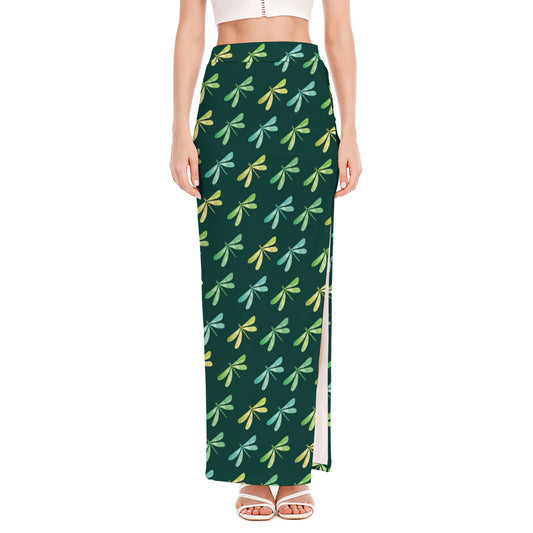 Green Dragonfly Pattern Print High Slit Maxi Skirt