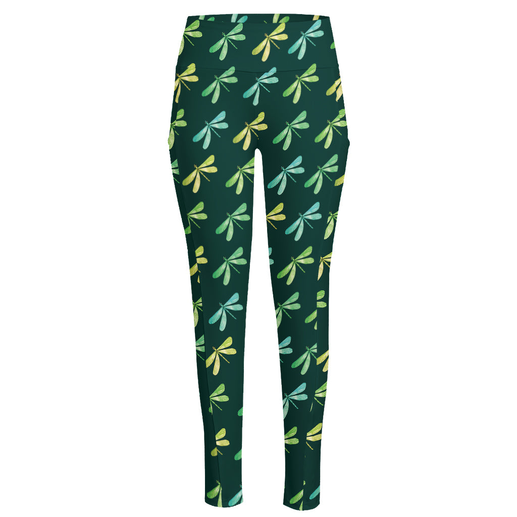 Green Dragonfly Pattern Print High-Waisted Pocket Leggings