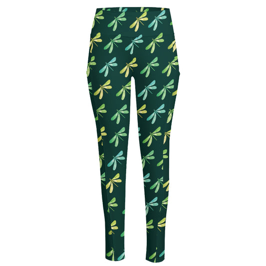 Green Dragonfly Pattern Print High-Waisted Pocket Leggings