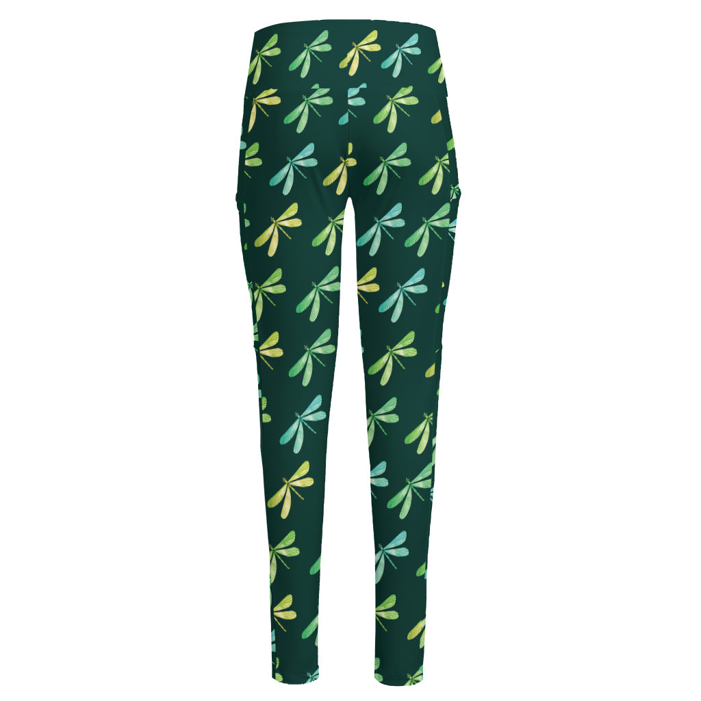 Green Dragonfly Pattern Print High-Waisted Pocket Leggings