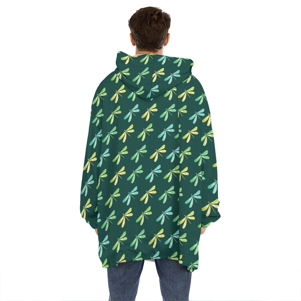 Green Dragonfly Pattern Print Hoodie Blanket