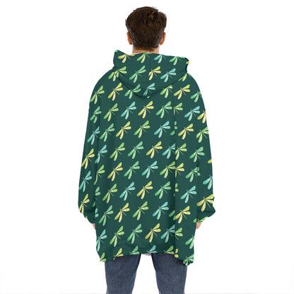 Green Dragonfly Pattern Print Hoodie Blanket