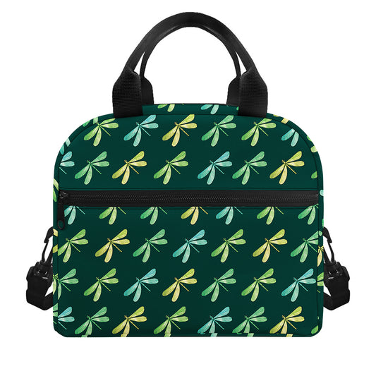 Green Dragonfly Pattern Print Insulated Lunch Bag