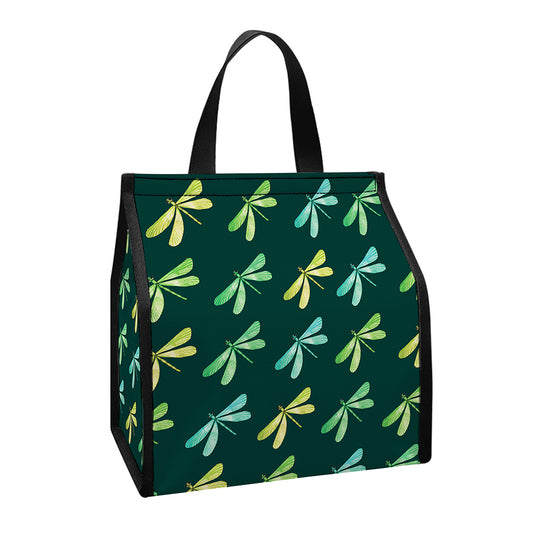 Green Dragonfly Pattern Print Insulated Lunch Tote