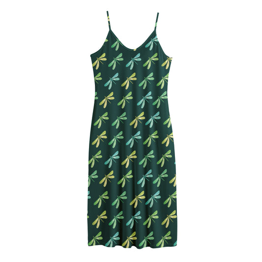 Green Dragonfly Pattern Print Jersey Midi Cami Dress