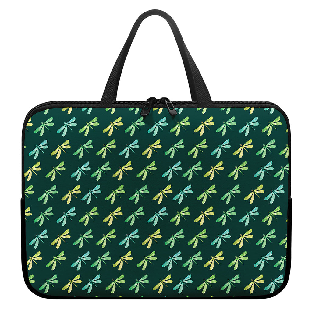 Green Dragonfly Pattern Print Laptop Sleeve With Handle