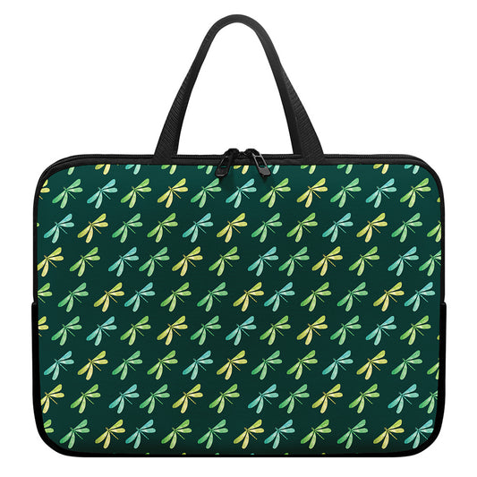 Green Dragonfly Pattern Print Laptop Sleeve With Handle
