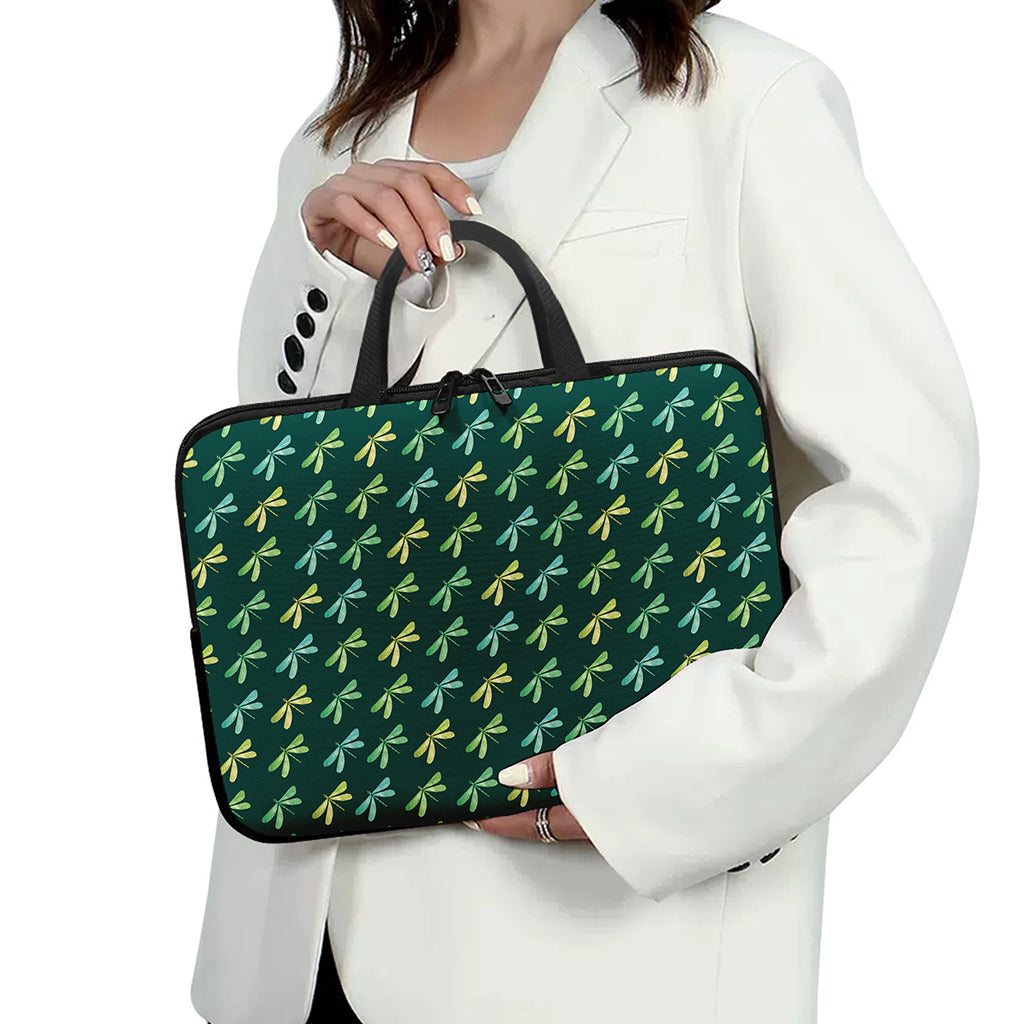 Green Dragonfly Pattern Print Laptop Sleeve With Handle