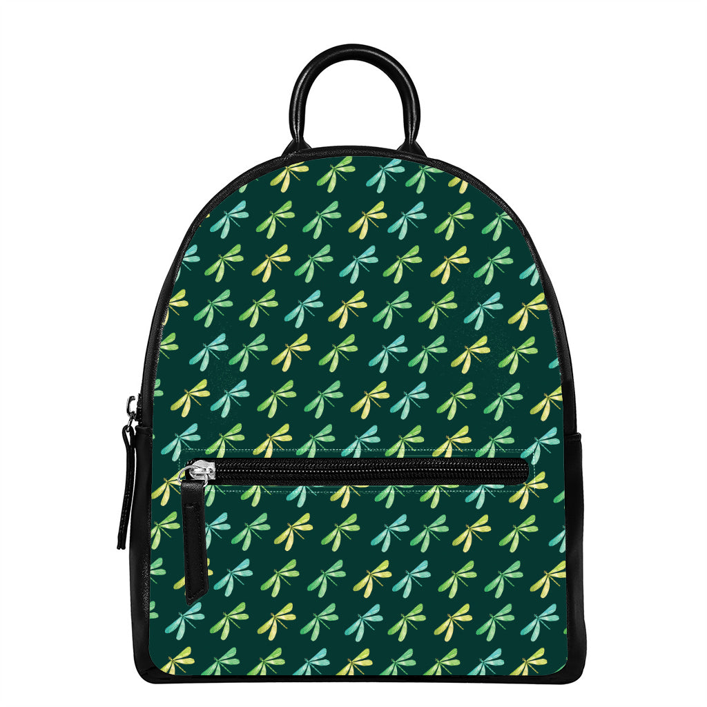Green Dragonfly Pattern Print Leather Backpack