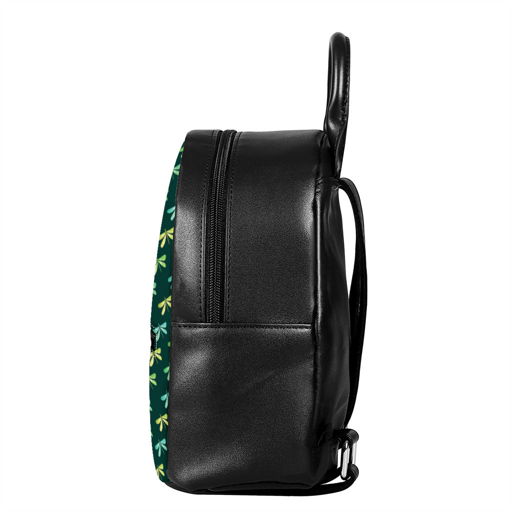 Green Dragonfly Pattern Print Leather Backpack