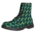 Green Dragonfly Pattern Print Lace-Up Boots