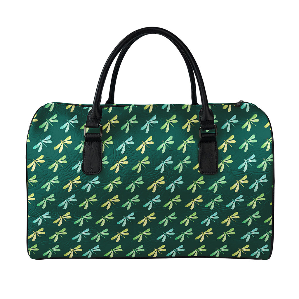 Green Dragonfly Pattern Print Leather Duffle Bag