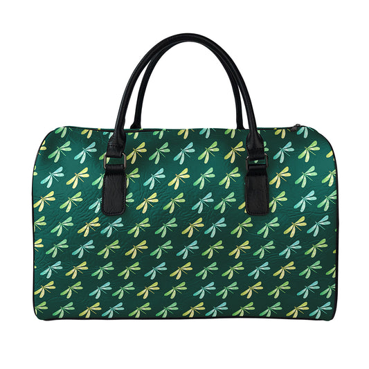 Green Dragonfly Pattern Print Leather Duffle Bag