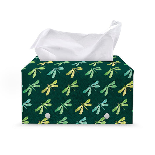Green Dragonfly Pattern Print Leather Tissue Box Cover