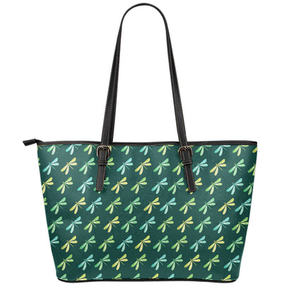Green Dragonfly Pattern Print Leather Tote Bag