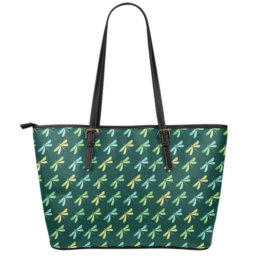 Green Dragonfly Pattern Print Leather Tote Bag