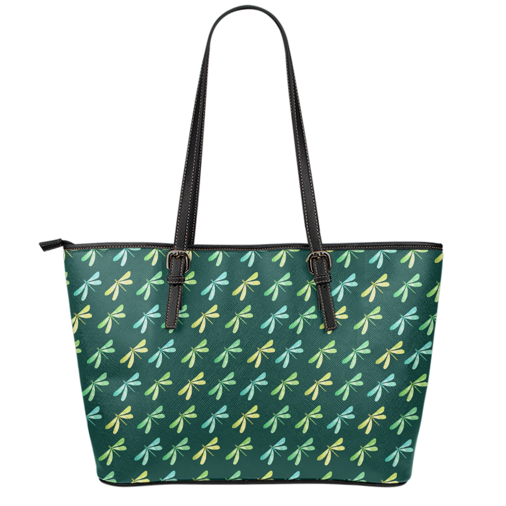 Green Dragonfly Pattern Print Leather Tote Bag