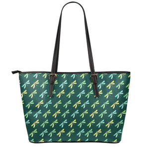 Green Dragonfly Pattern Print Leather Tote Bag