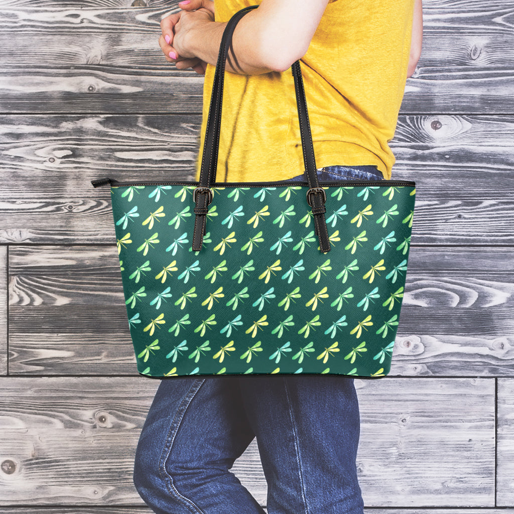 Green Dragonfly Pattern Print Leather Tote Bag