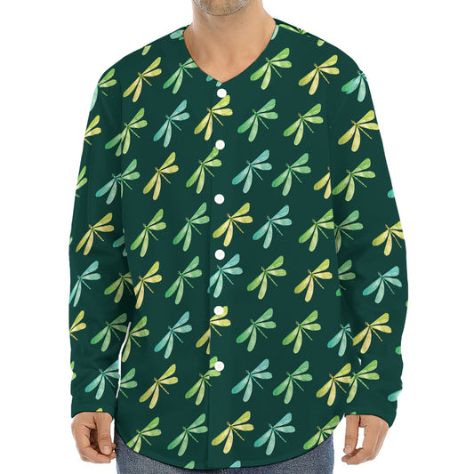 Green Dragonfly Pattern Print Long Sleeve Baseball Jersey