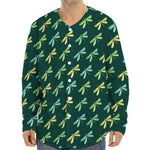 Green Dragonfly Pattern Print Long Sleeve Baseball Jersey