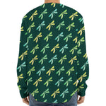 Green Dragonfly Pattern Print Long Sleeve Baseball Jersey