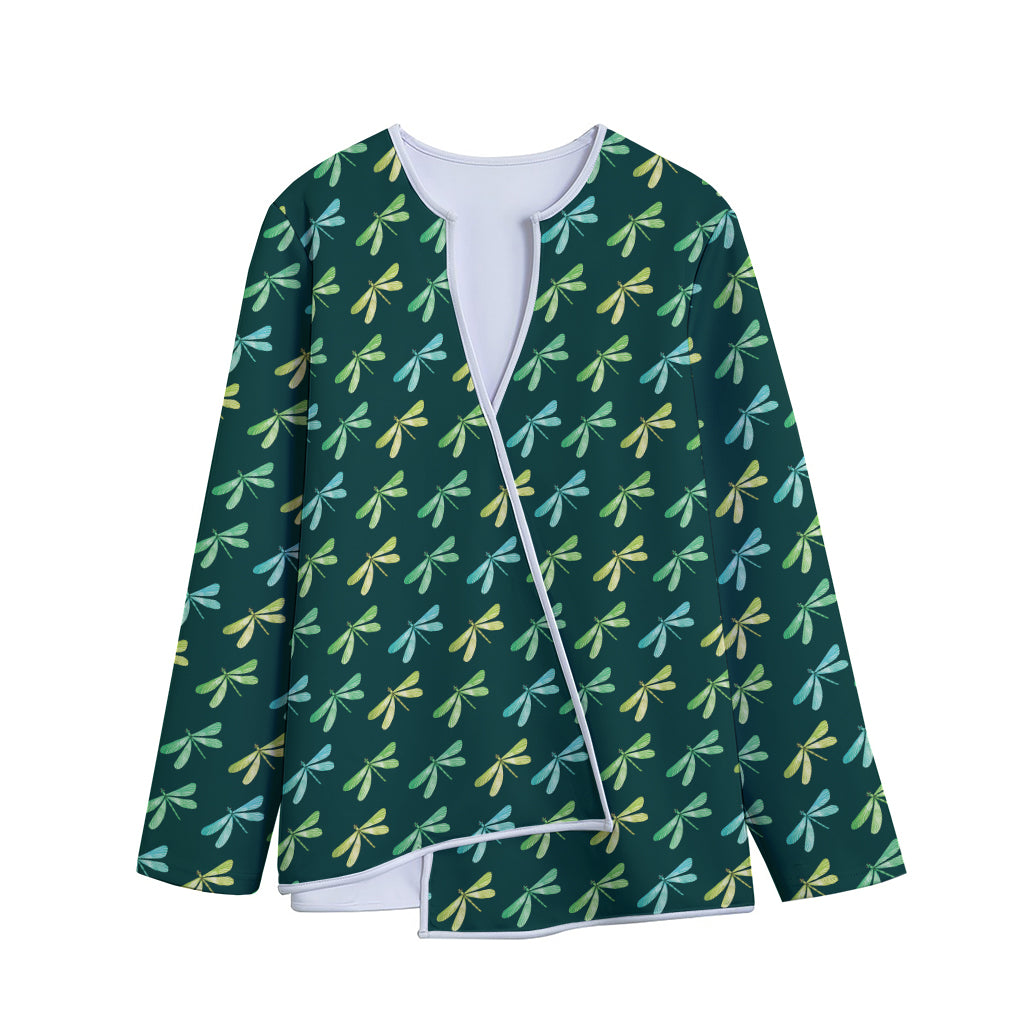 Green Dragonfly Pattern Print Long Sleeve Short Coat