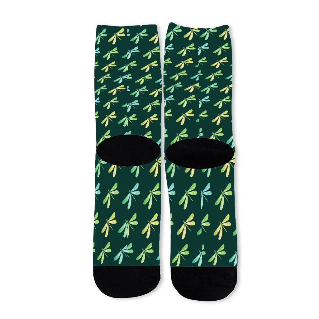 Green Dragonfly Pattern Print Long Socks