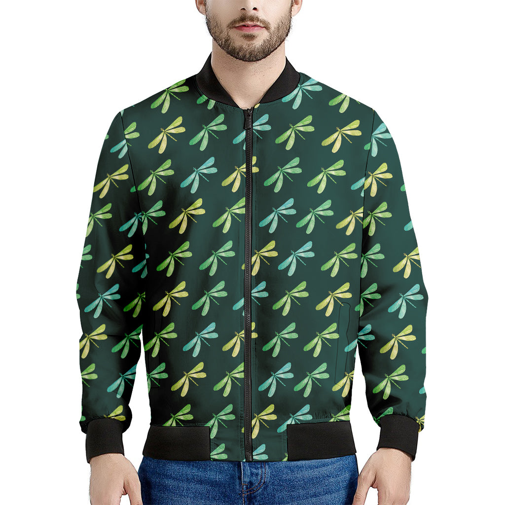 Green Dragonfly Pattern Print Men's Bomber Jacket