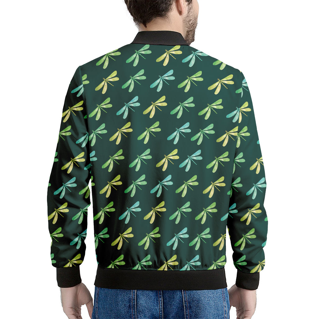 Green Dragonfly Pattern Print Men's Bomber Jacket