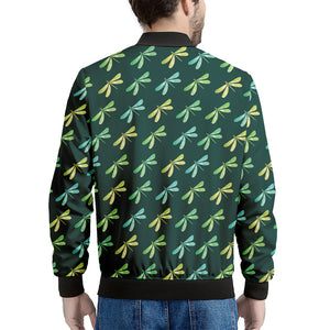 Green Dragonfly Pattern Print Men's Bomber Jacket