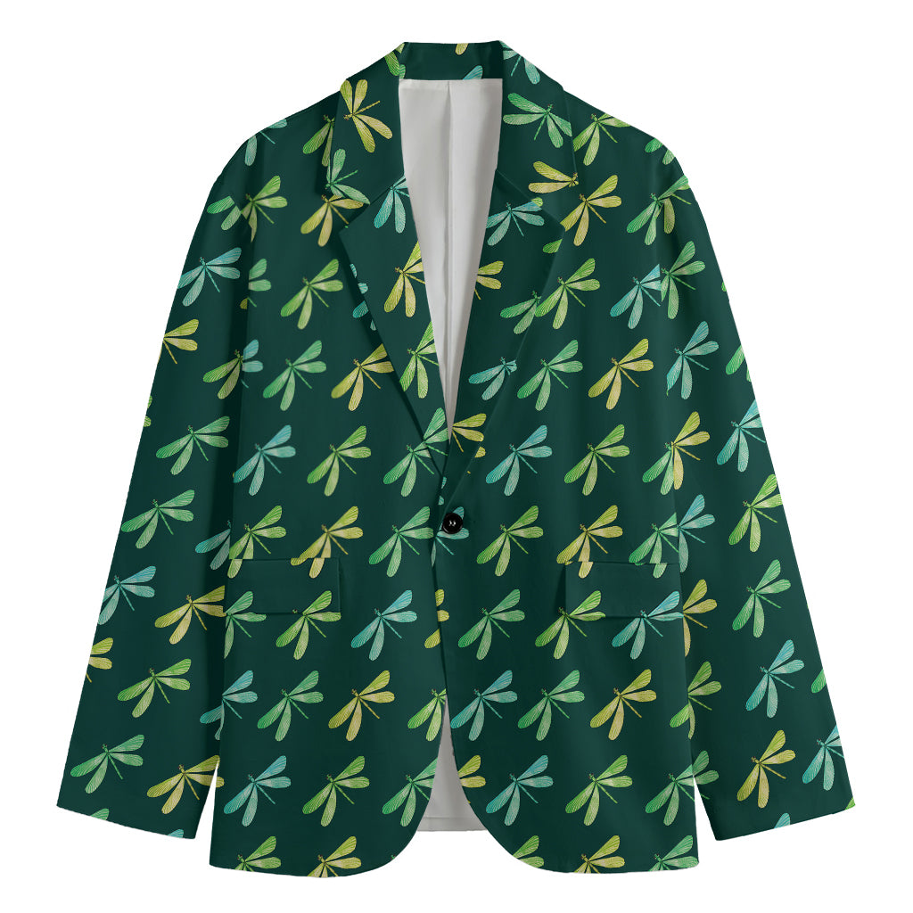 Green Dragonfly Pattern Print Men's Cotton Blazer