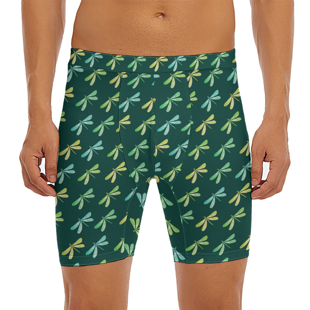 Green Dragonfly Pattern Print Men's Long Boxer Briefs