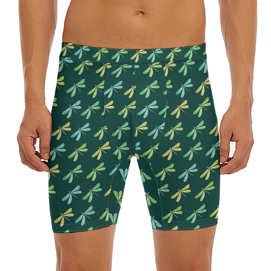 Green Dragonfly Pattern Print Men's Long Boxer Briefs