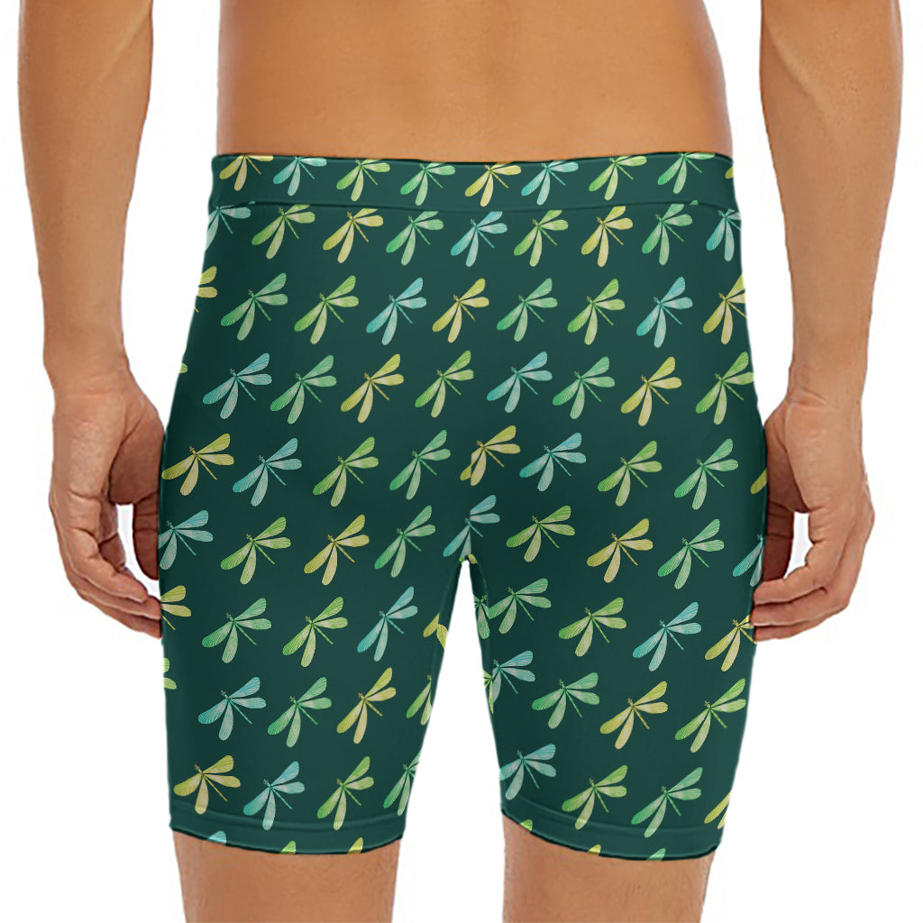 Green Dragonfly Pattern Print Men's Long Boxer Briefs