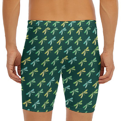 Green Dragonfly Pattern Print Men's Long Boxer Briefs