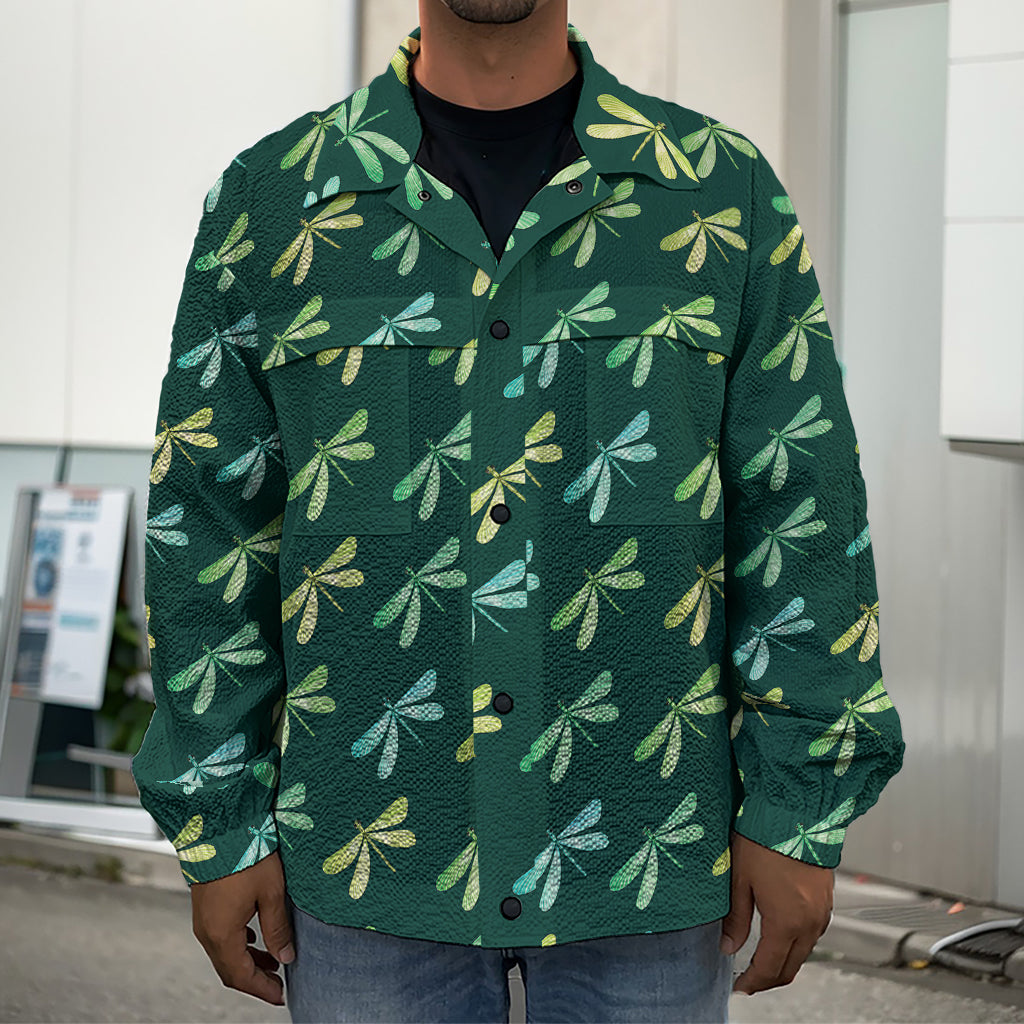 Green Dragonfly Pattern Print Men's Shirt Jacket