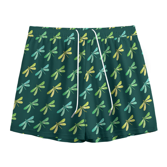 Green Dragonfly Pattern Print Mesh Shorts