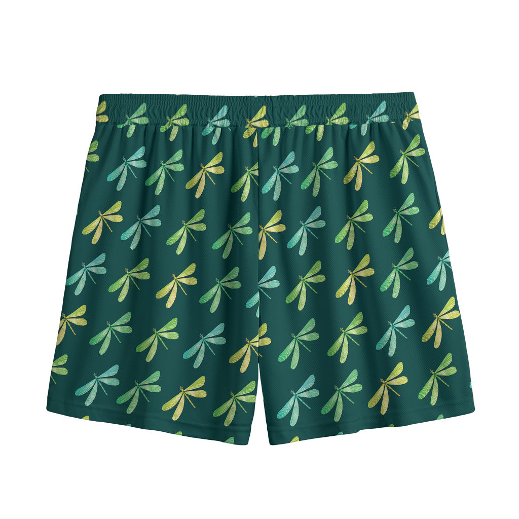 Green Dragonfly Pattern Print Mesh Shorts