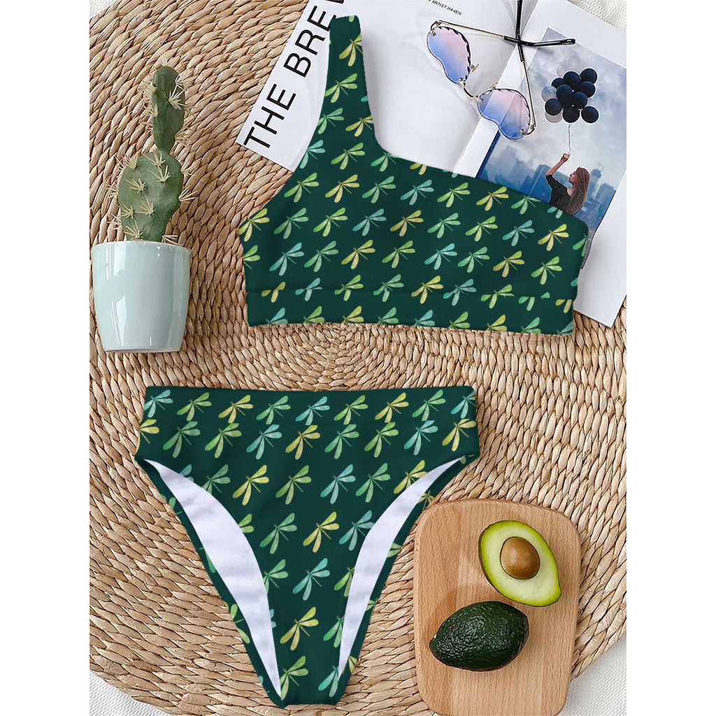 Green Dragonfly Pattern Print One Shoulder Bikini Top