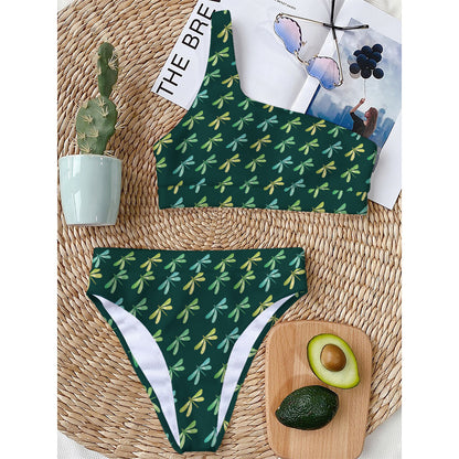 Green Dragonfly Pattern Print One Shoulder Bikini Top