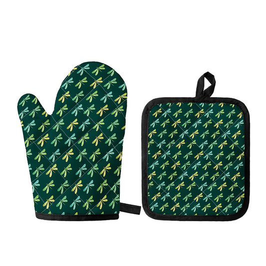 Green Dragonfly Pattern Print Oven Mitt And Pot Holder Set