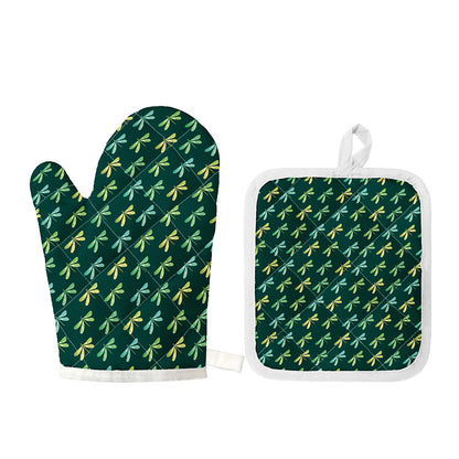 Green Dragonfly Pattern Print Oven Mitt And Pot Holder Set